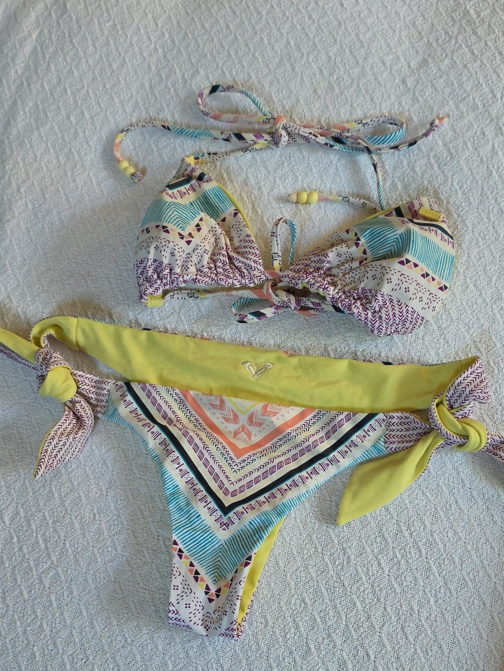 Roxy Multicolor Printed Triangle Bikini with Yellow Accents Reversible